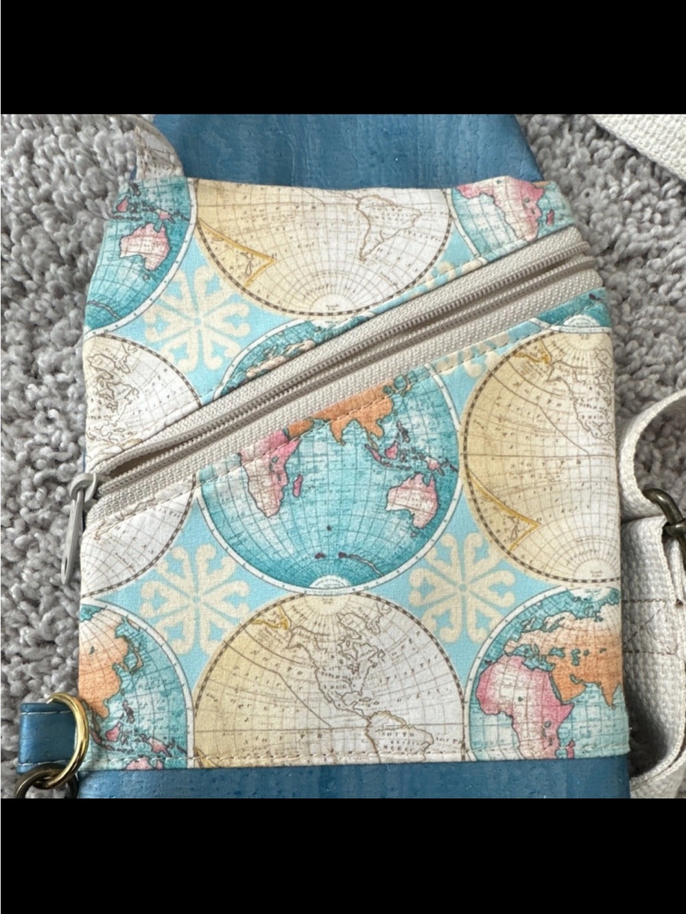 World Map Print Crossbody Sling Bag Blue Adjustable Strap Zip Closure Bag Charm